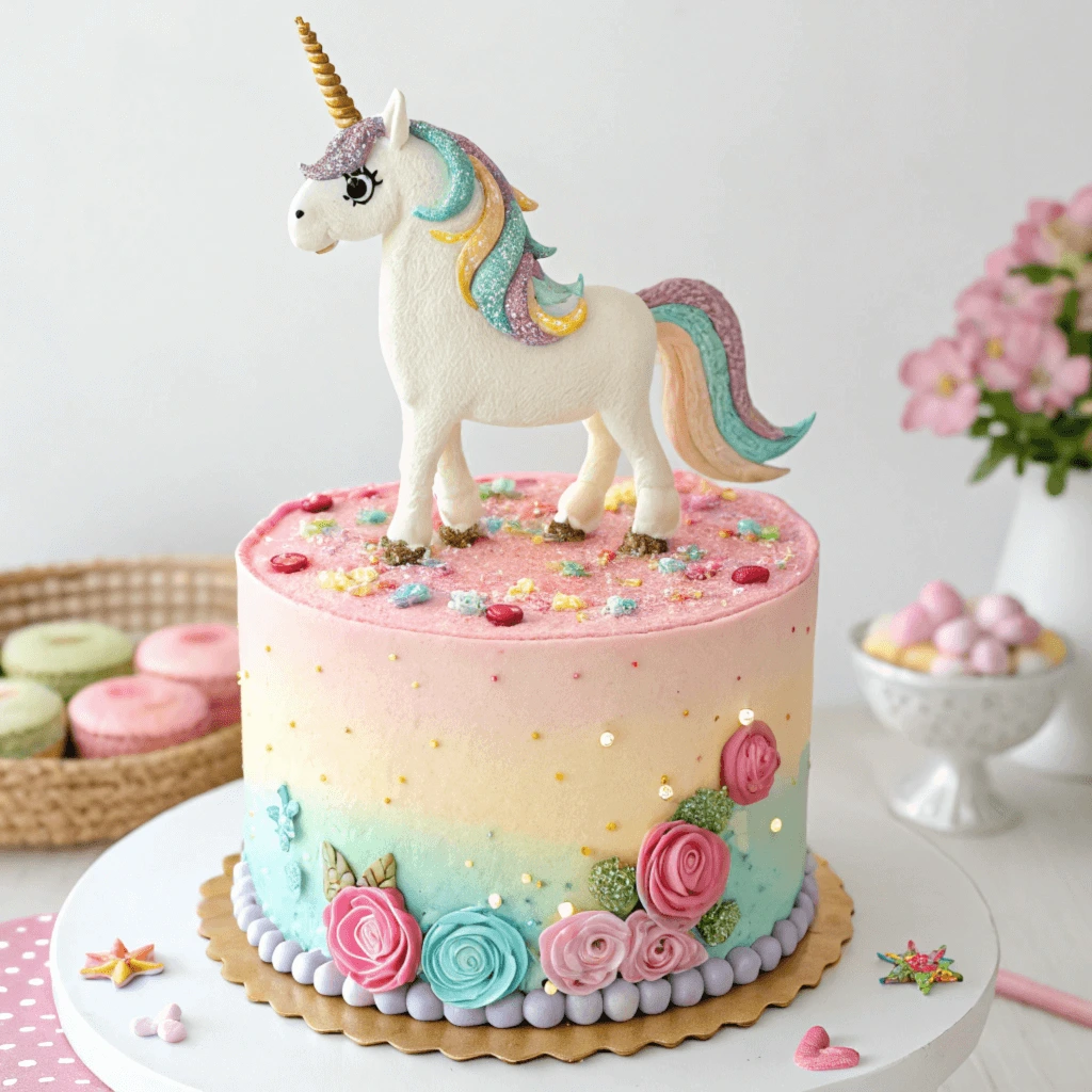 A beautifully decorated unicorn cake with pastel swirls, a golden horn, and edible glitter, perfect for a magical party centerpiece.