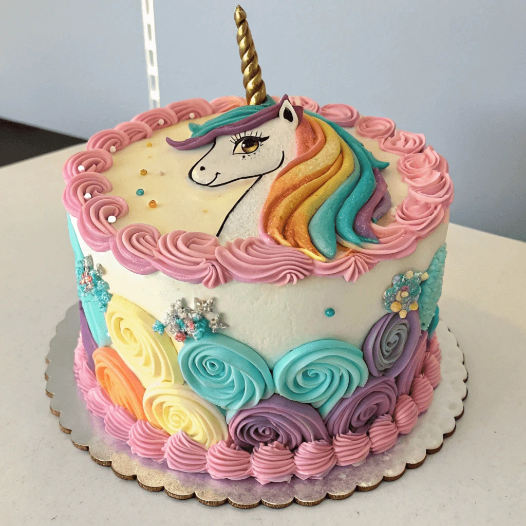 Close-up of a beautifully decorated unicorn cake with a golden horn, pastel-colored frosting swirls, and edible decorations.