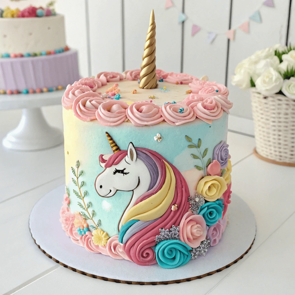 A colorful unicorn cake with a golden horn, rainbow buttercream mane, and fondant ears, decorated with edible glitter, set on a festive party table