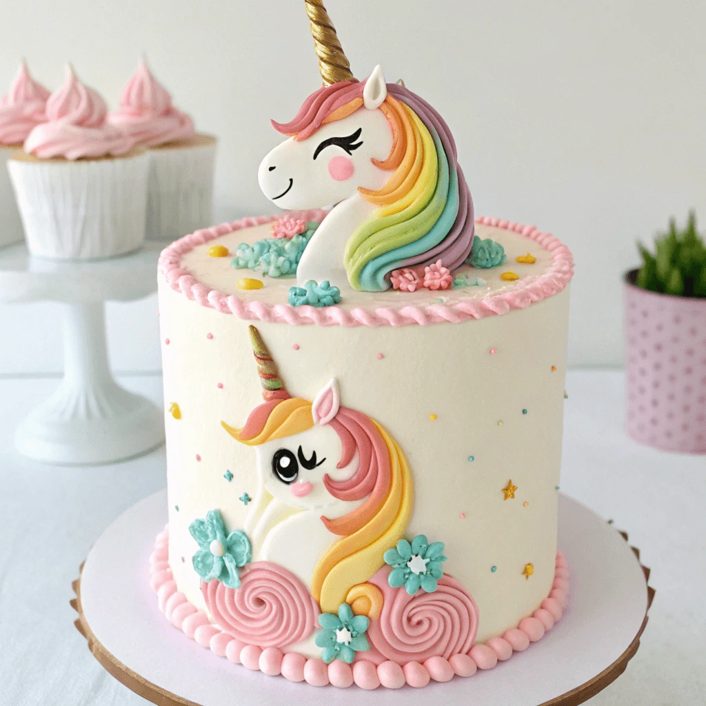 Vibrant unicorn cake featuring a golden horn, pastel rainbow frosting, and colorful edible decorations on a party table.