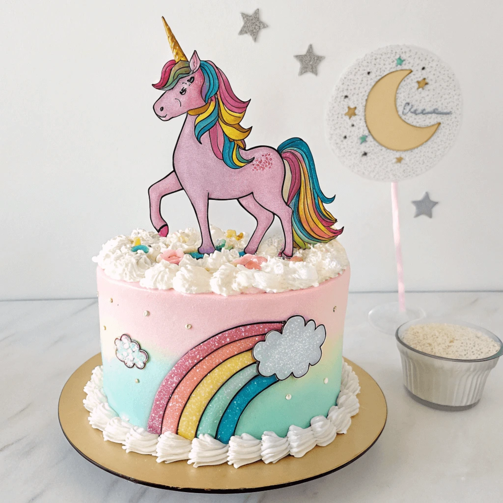 Close-up of a beautifully decorated unicorn cake with a golden horn, pastel-colored frosting swirls, and edible decorations