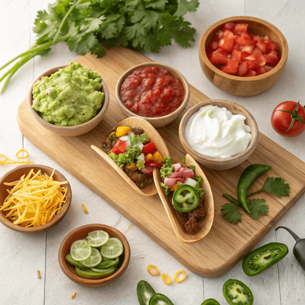 Variety of taco toppings including guacamole, salsa, jalapeños, and shredded cheese in small bowls.