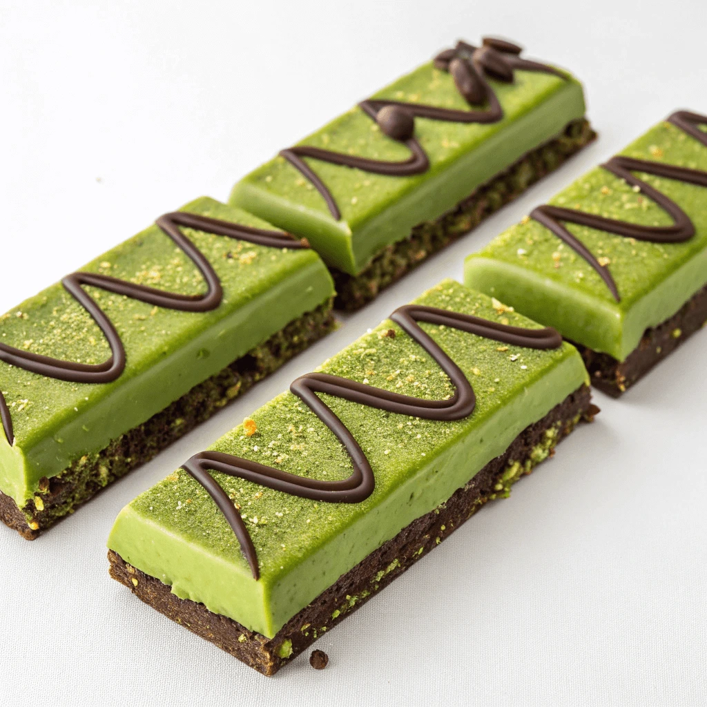 A stack of pistachio chocolate bars displayed elegantly on a wooden cutting board.