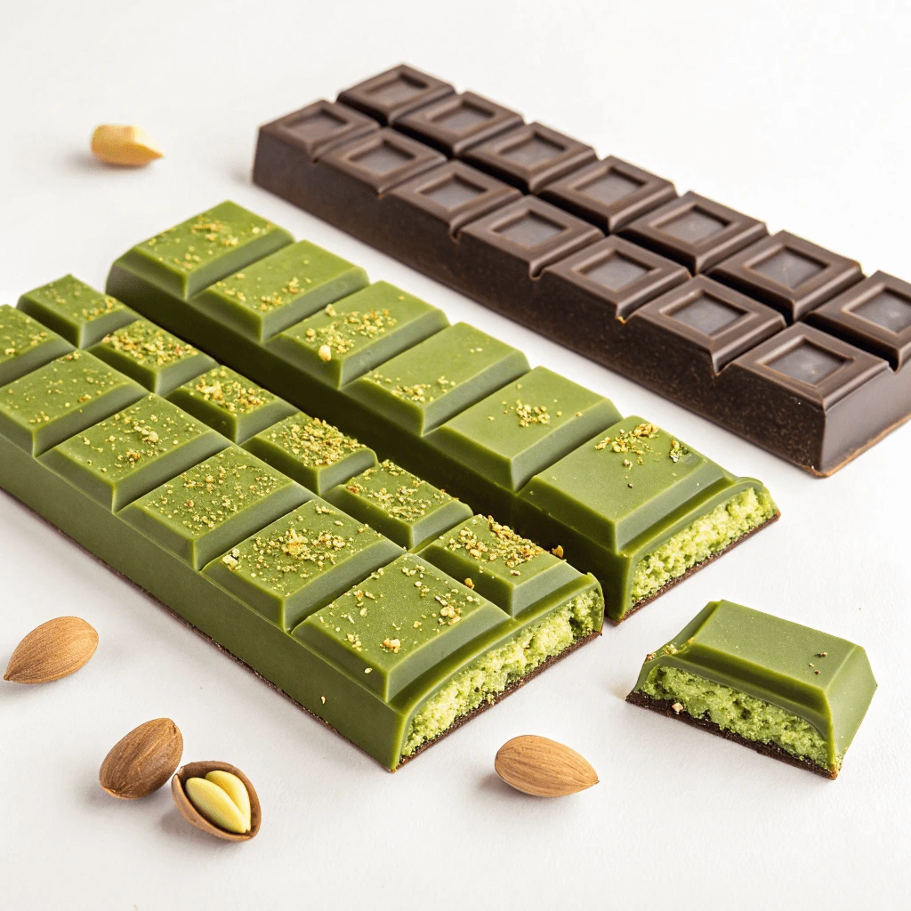 A pistachio chocolate bar resting on a wooden table surrounded by shelled pistachios.