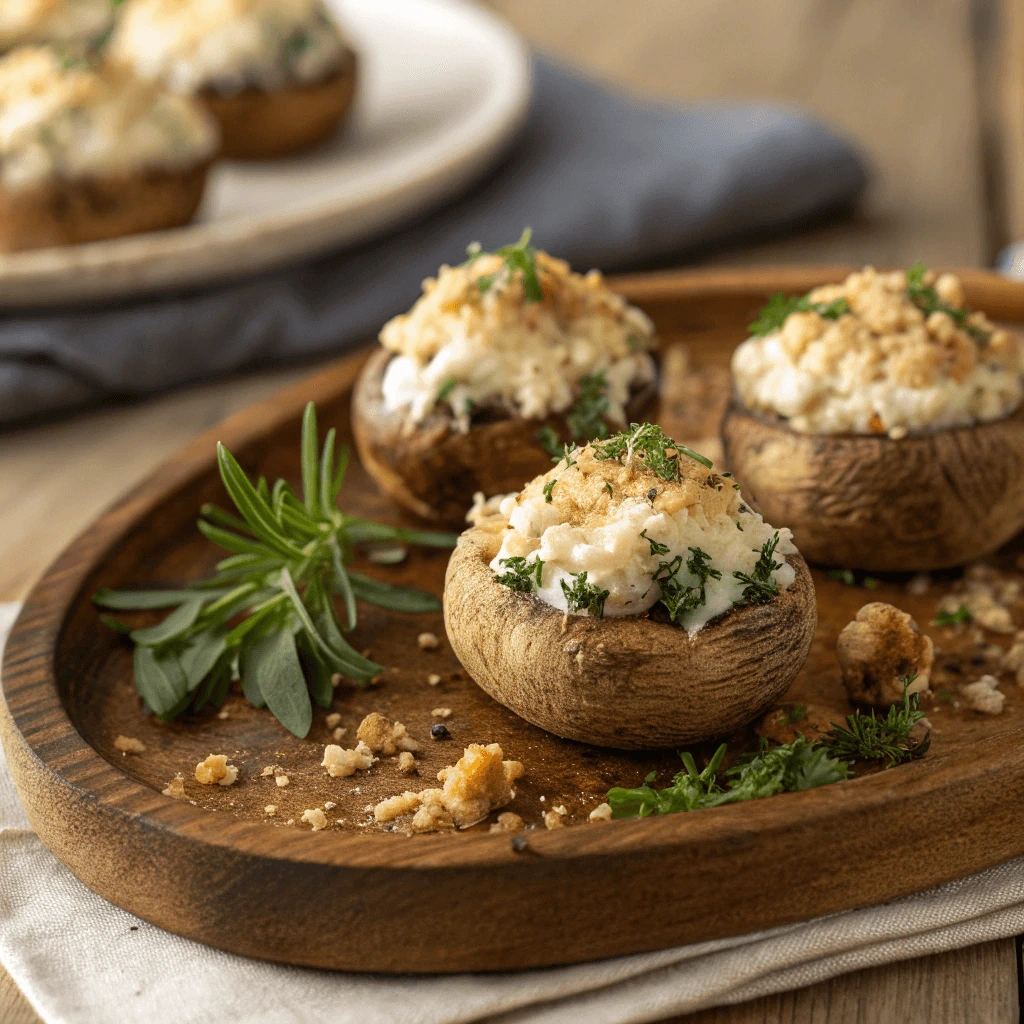 A plate of vegan stuffed mushrooms with cheese.