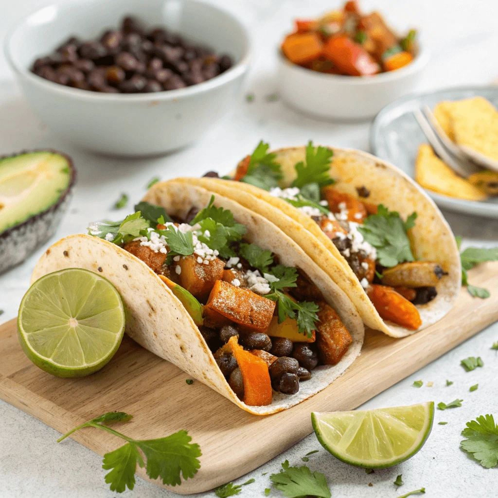 Vegetarian super tacos filled with roasted vegetables and black beans, topped with fresh ingredients.