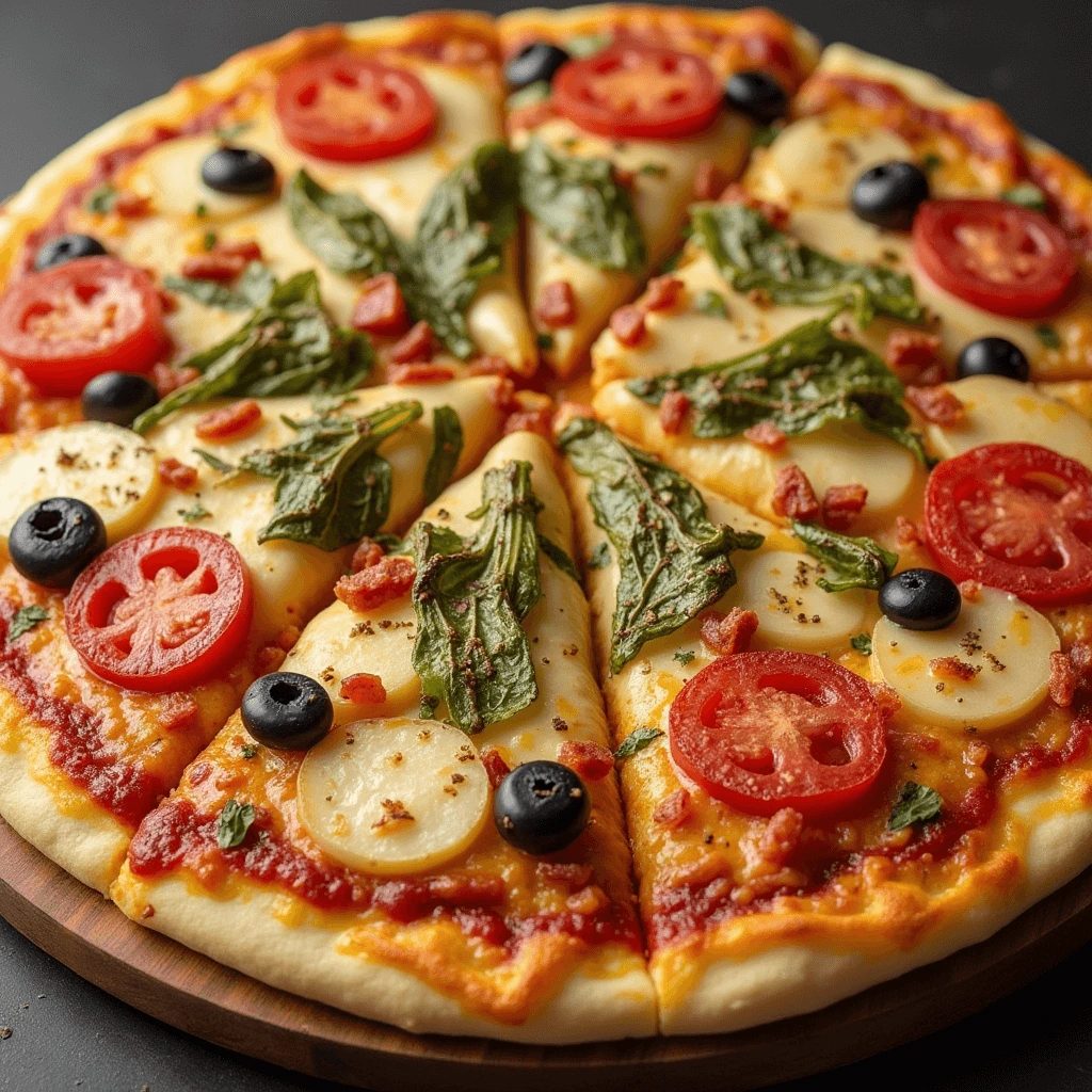  A close-up of a 10-inch pizza with fresh spinach, feta cheese, red onions, and artichokes.