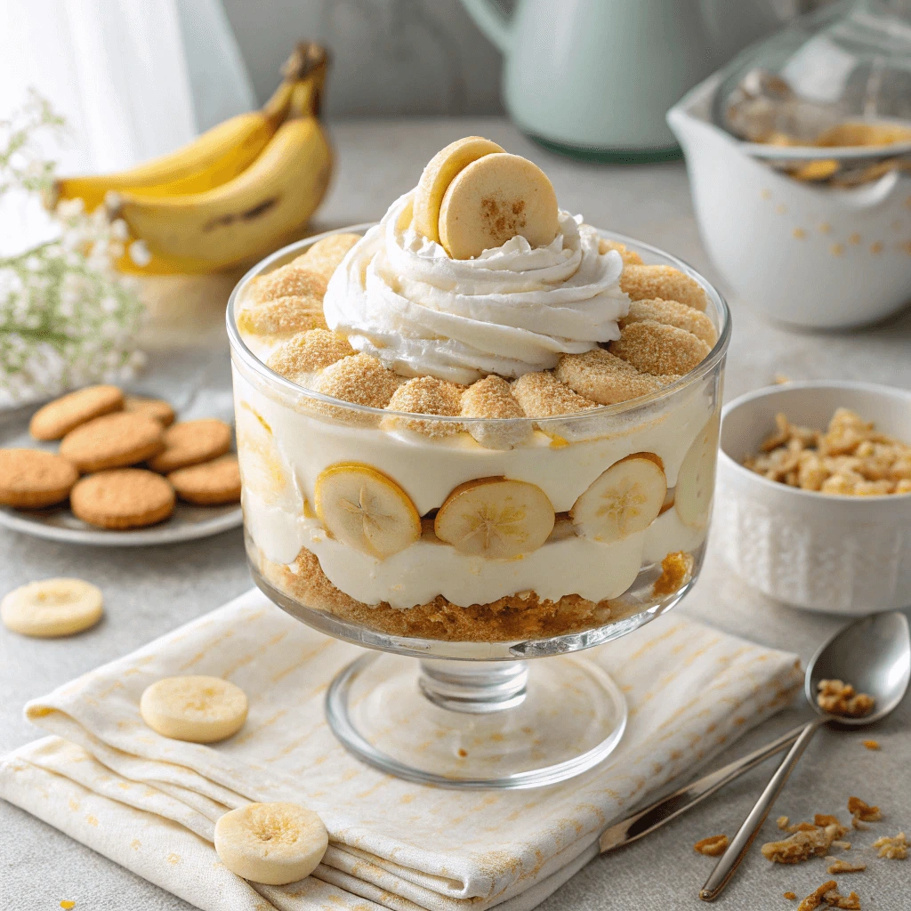 Wafer cookie banana pudding served in a glass bowl with whipped cream on top