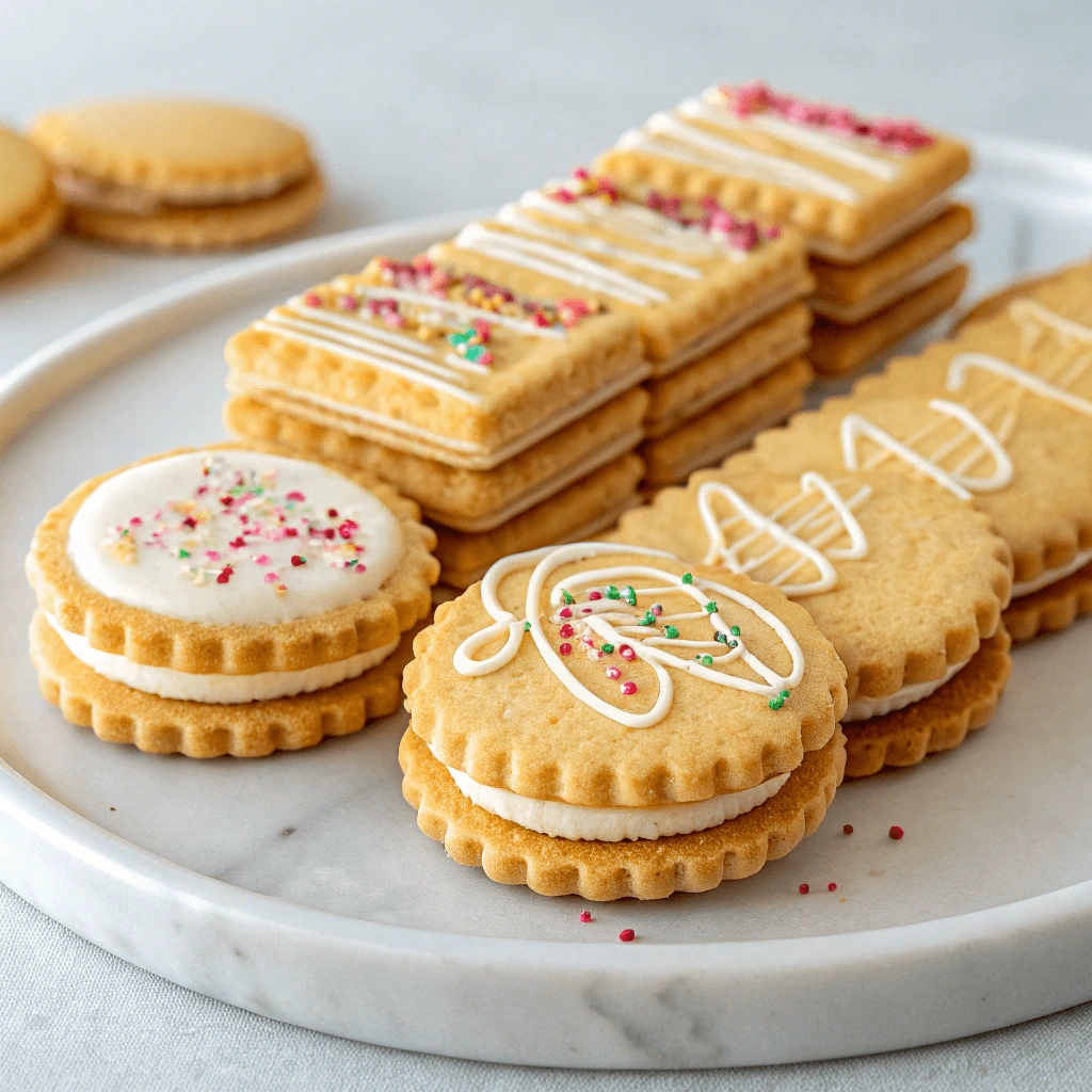 A plate filled with classic wafer cookies stacked neatly.