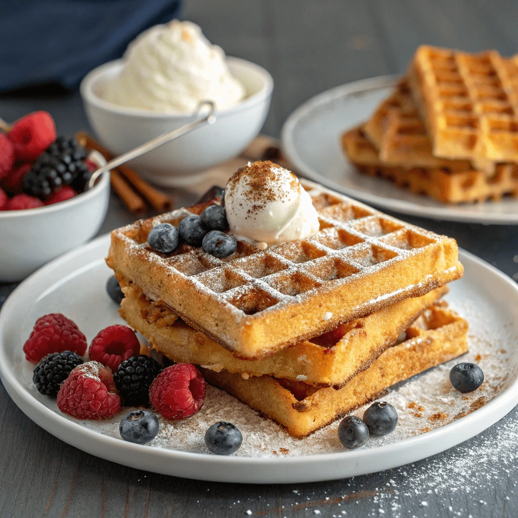 Crispy golden waffles served with fresh fruits and syrup