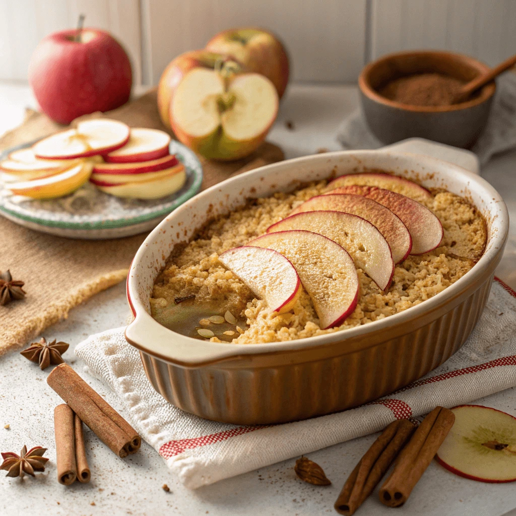 Cinnamon apple rice bake made with leftover rice and baked to golden perfection.