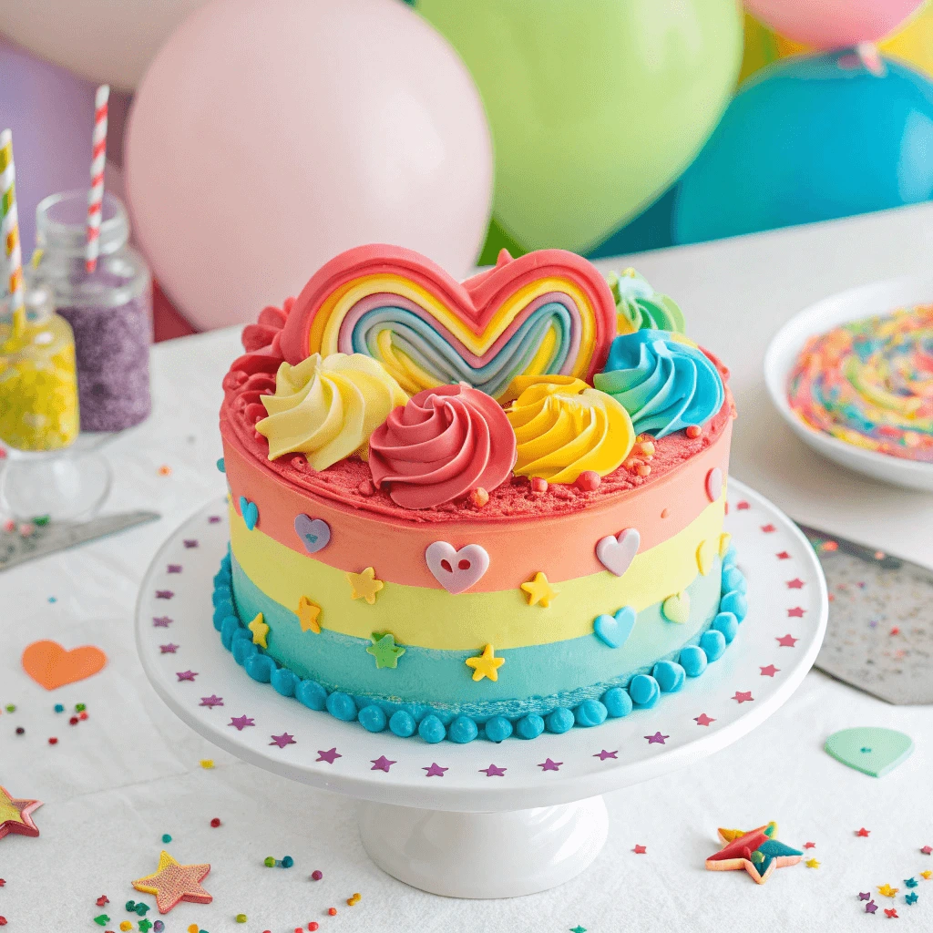 Whimsical heart-shaped cake with a vibrant, colorful design