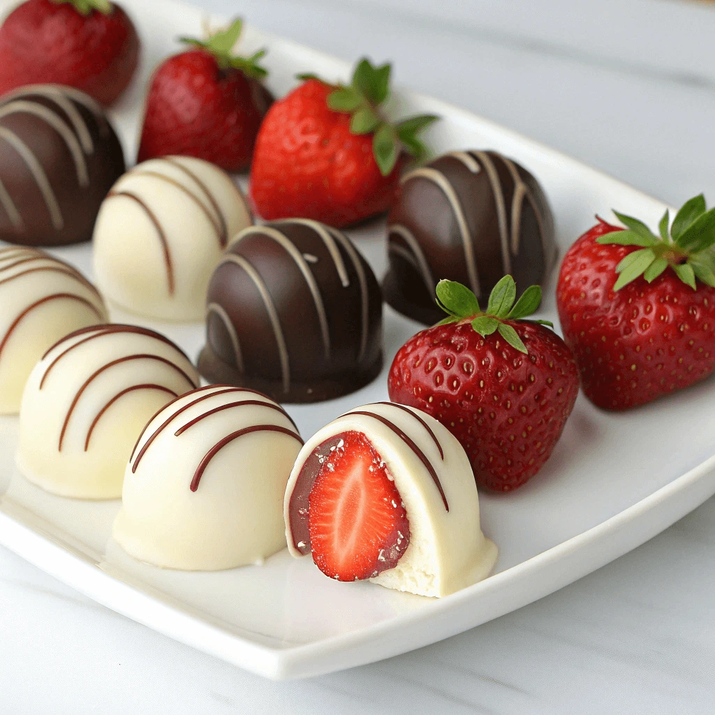 Close-up of homemade strawberry bon bons on a white plate, coated with sugar and garnished with fresh strawberries.