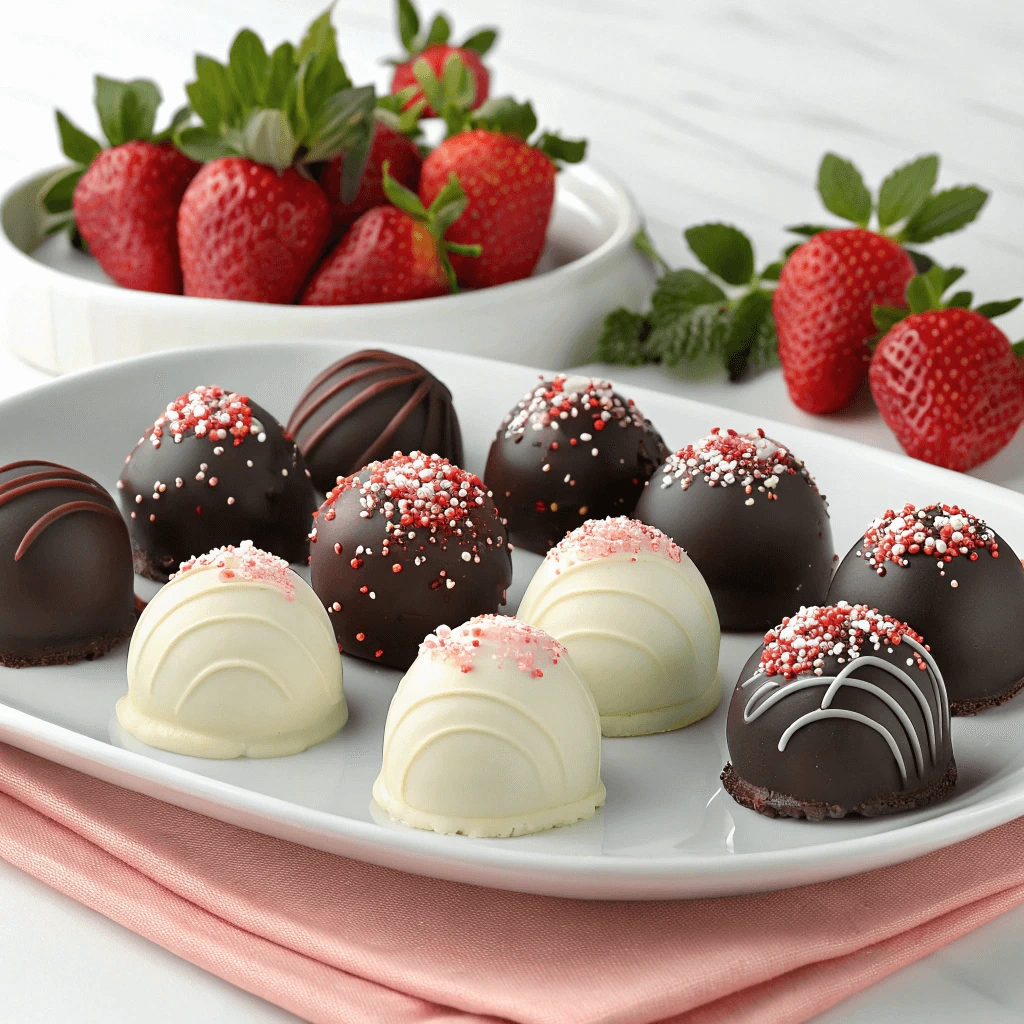 Chocolate-dipped strawberry bon bons arranged on a tray, with some garnished with sprinkles for added flair