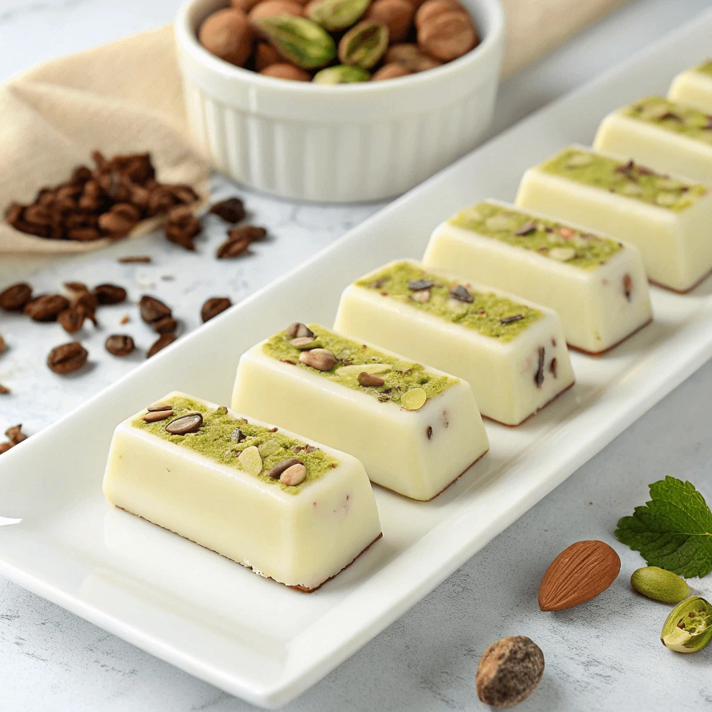 An artisan pistachio chocolate bar surrounded by shelled pistachios and cocoa beans.