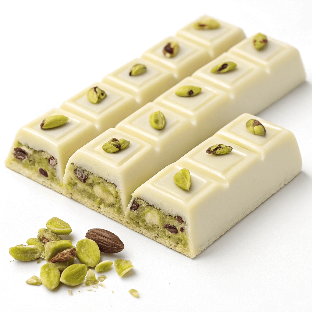 An elegant pistachio chocolate bar sliced into pieces with pistachio nuts sprinkled on top.