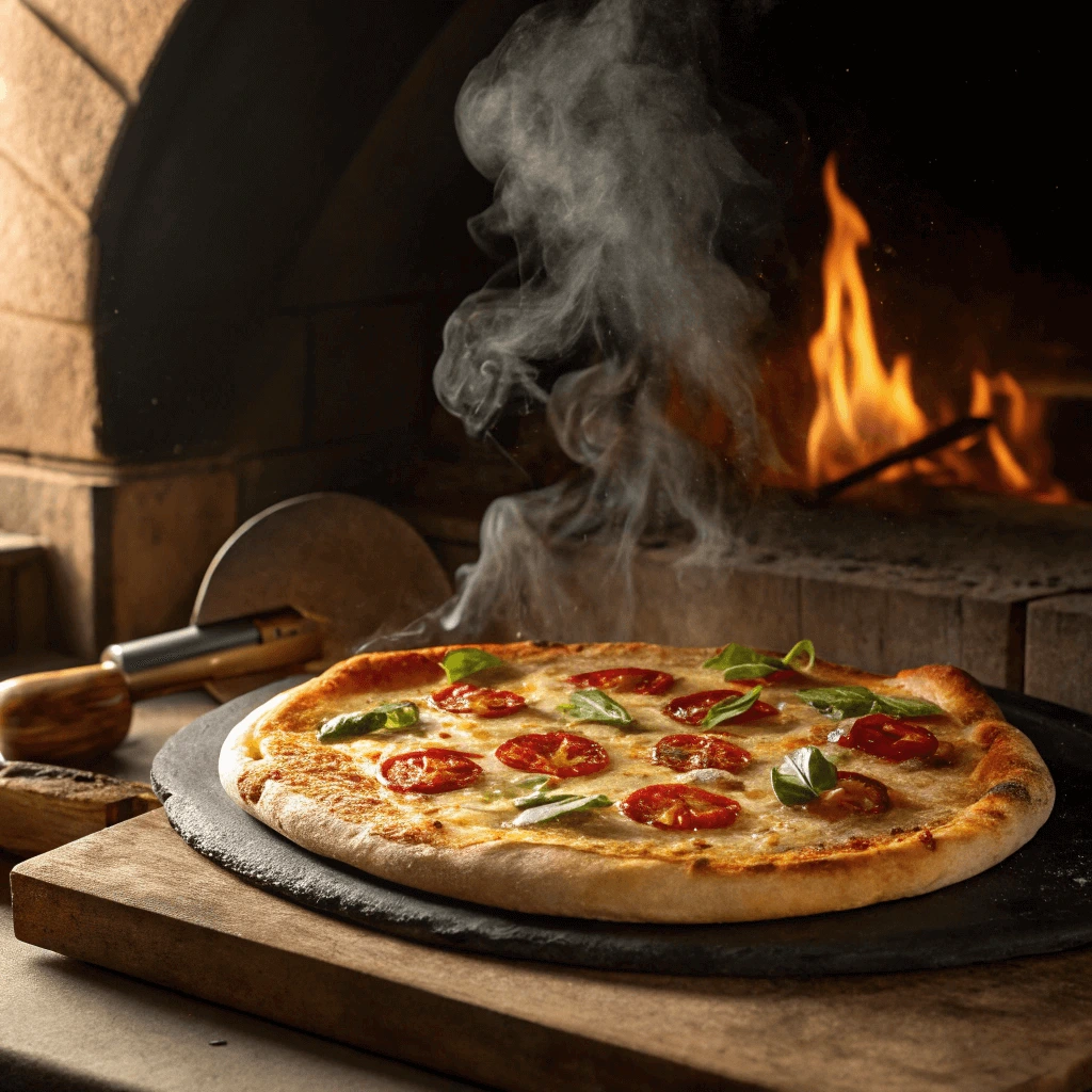 A pizza stone in the oven with a 14-inch pizza baking to golden perfection