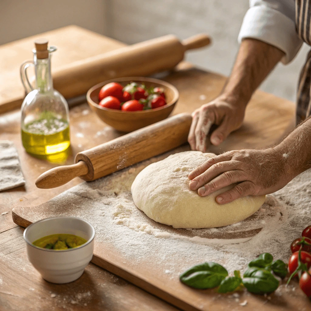  Preparing pizza dough for a 14 inch pizza on a wooden surface. 