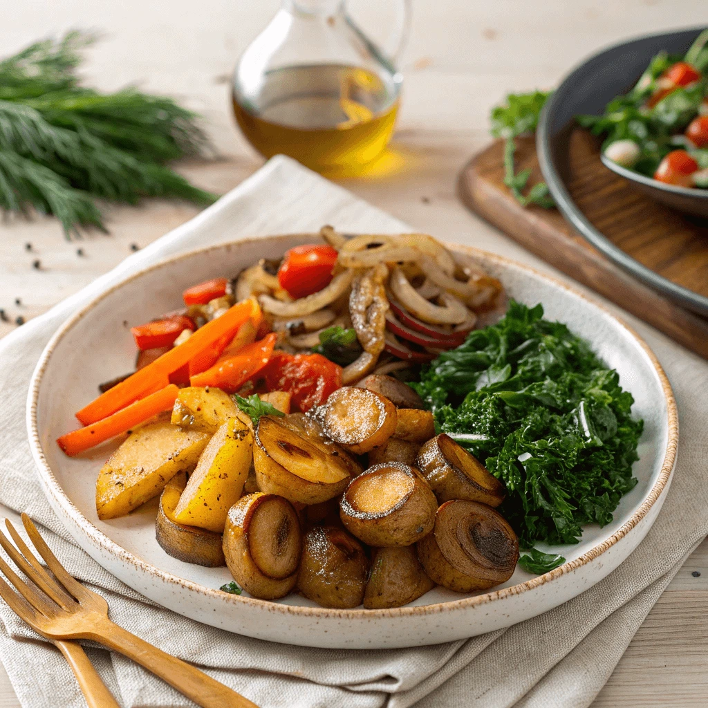 Vegan smothered potatoes served with a side of steamed kale and roasted vegetables on a white plate.