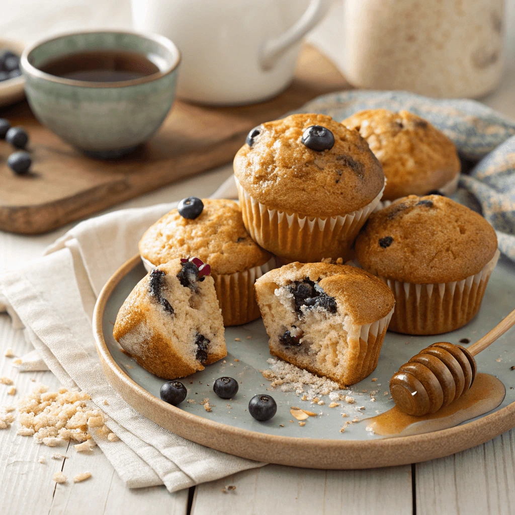 A batch of low-sugar blueberry muffins on a wire rack.