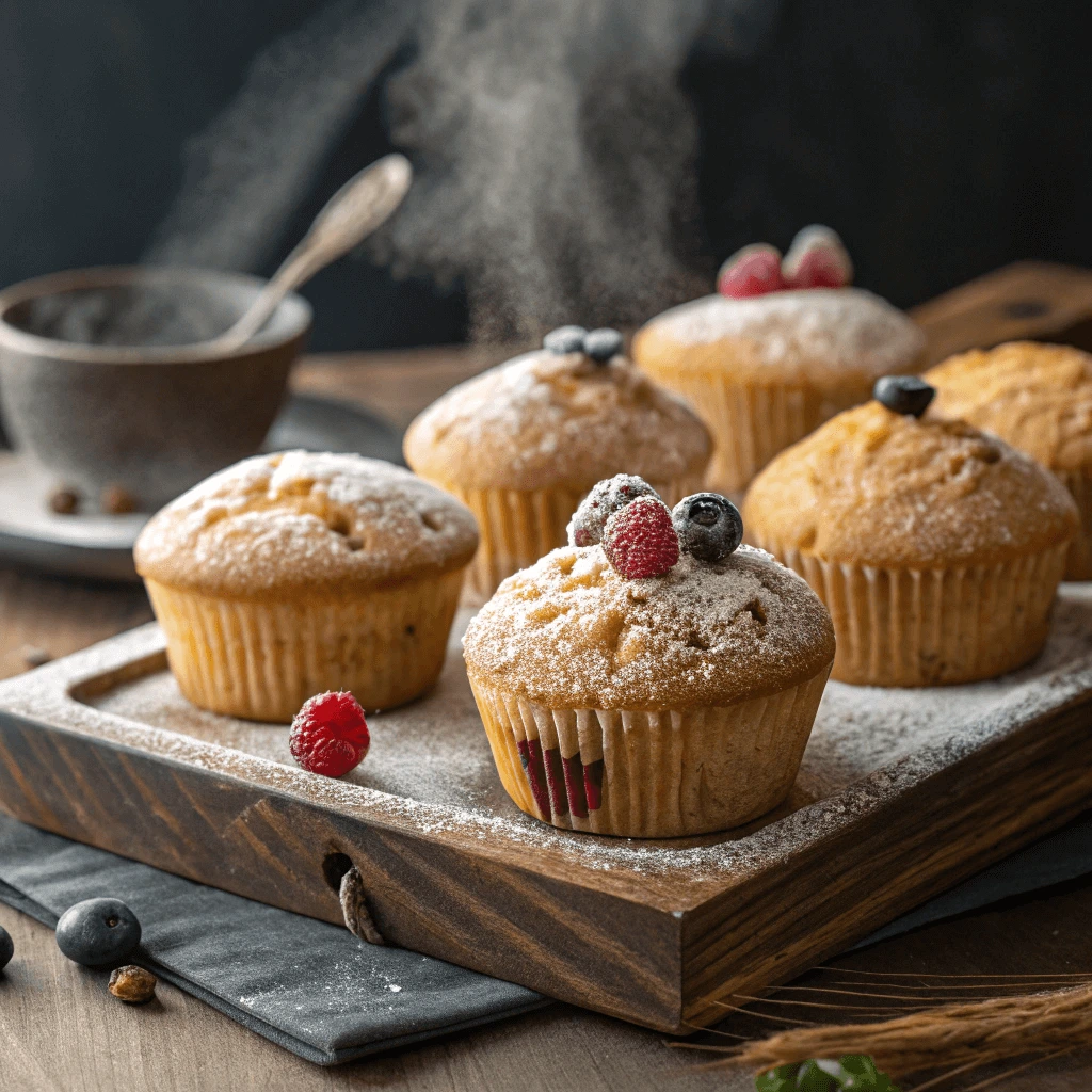 Baked gluten-free muffins with a golden crust on a tray.