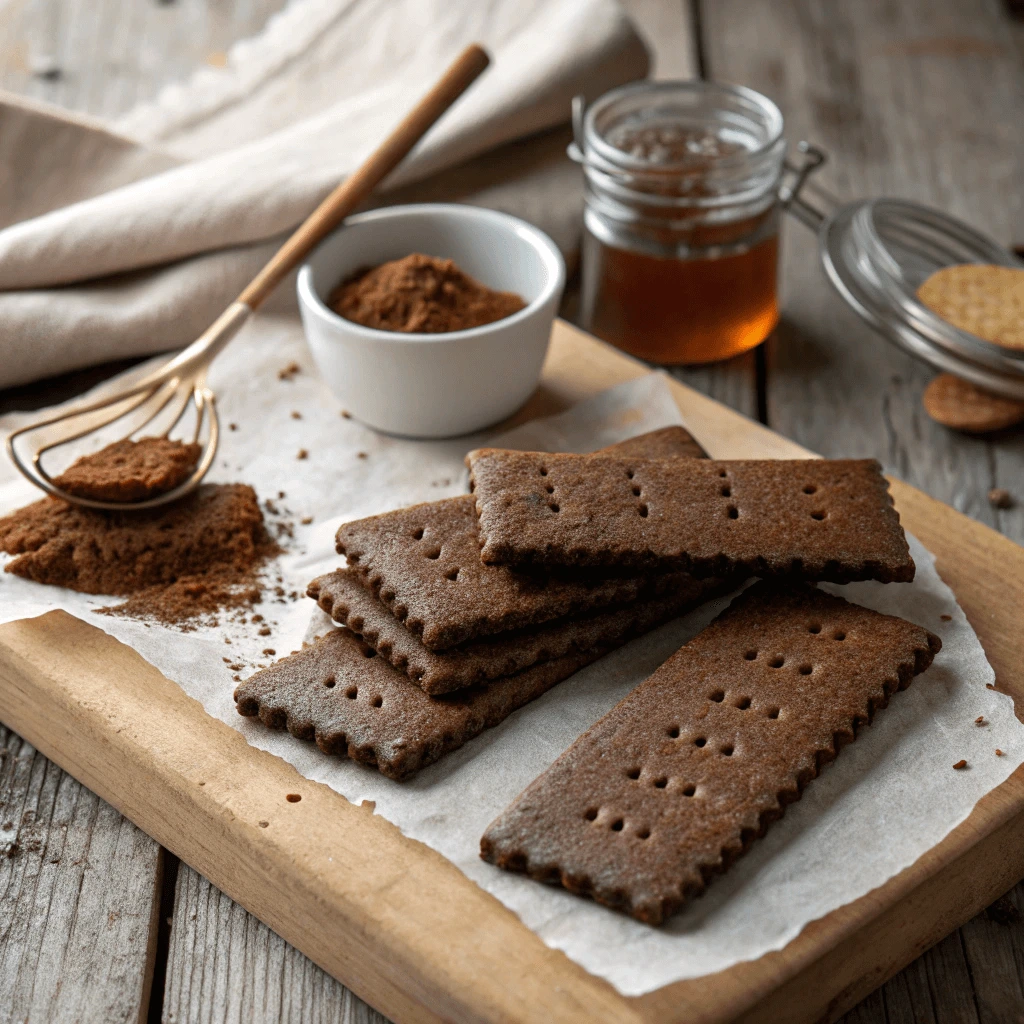  Freshly baked homemade classic chocolate graham crackers on a plate.