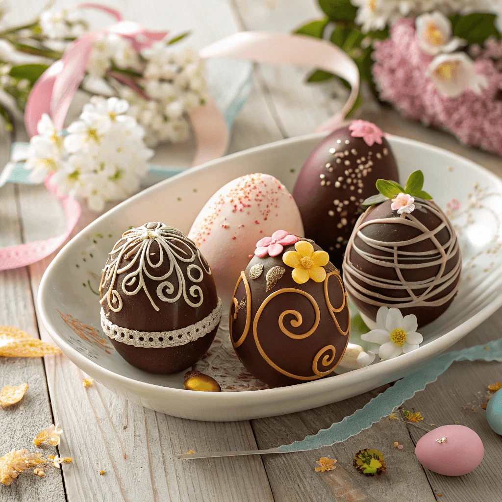  Decorated chocolate eggs arranged on a plate for Easter