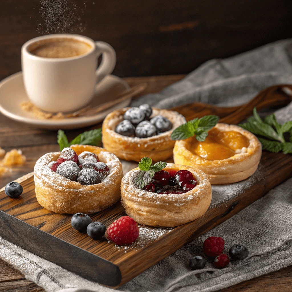 Assorted breakfast pastries with fruit and icing