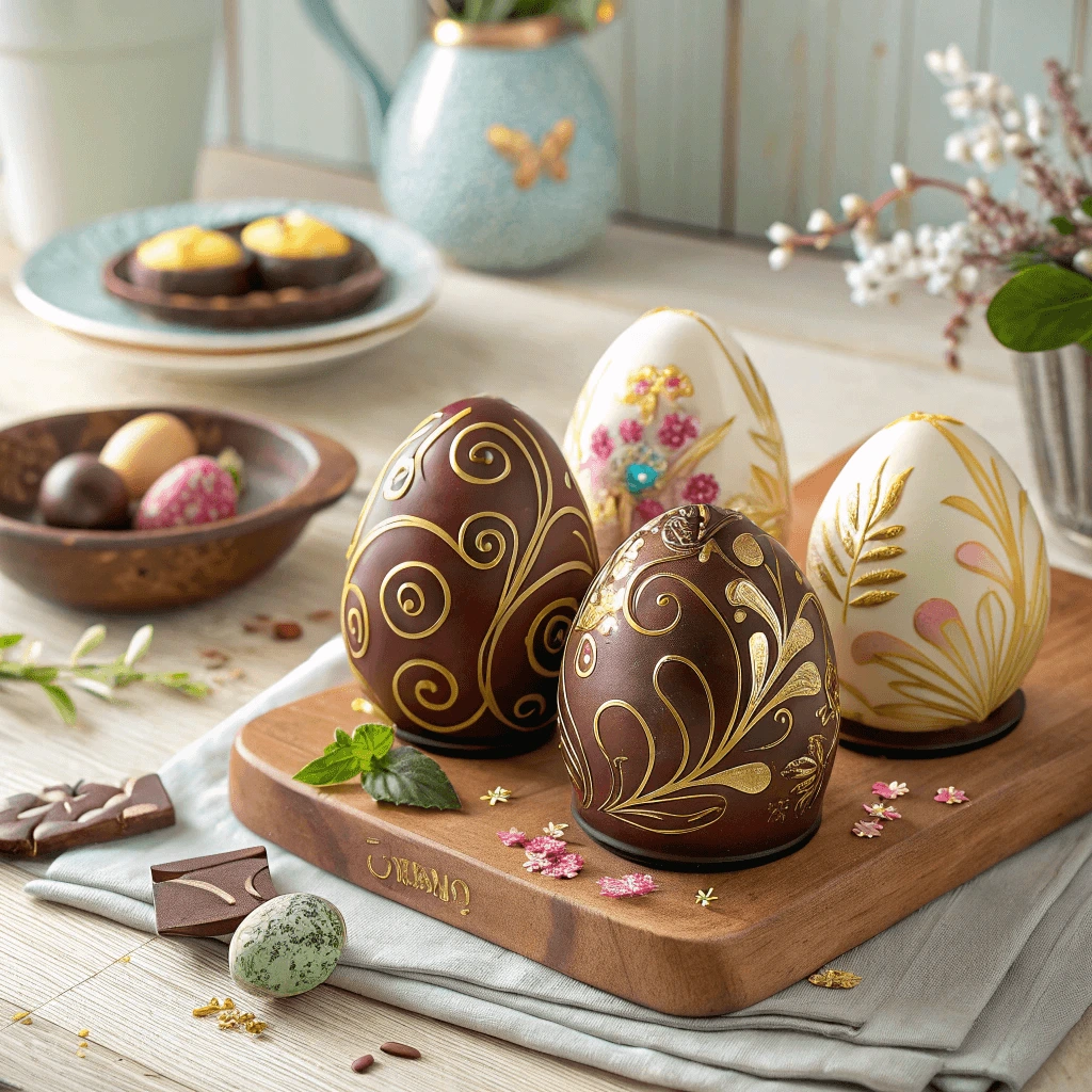 Homemade chocolate eggs with colorful decorations.