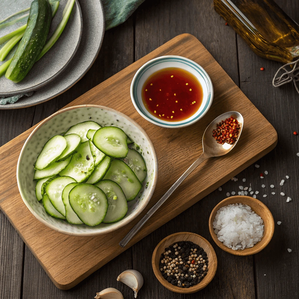 Ingredients for Din Tai Fung cucumber salad including cucumbers, garlic, and chili oil