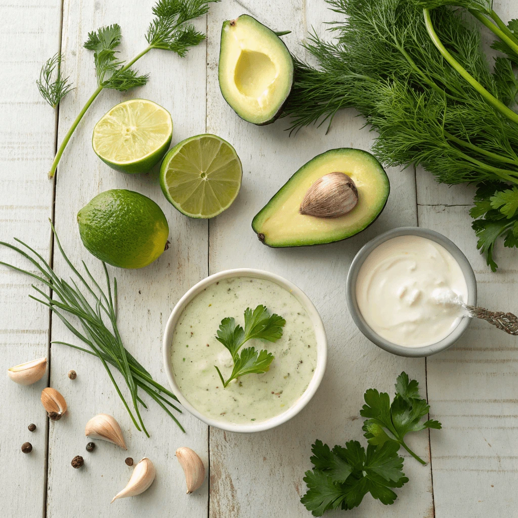 Fresh ingredients for avocado lime ranch dressing