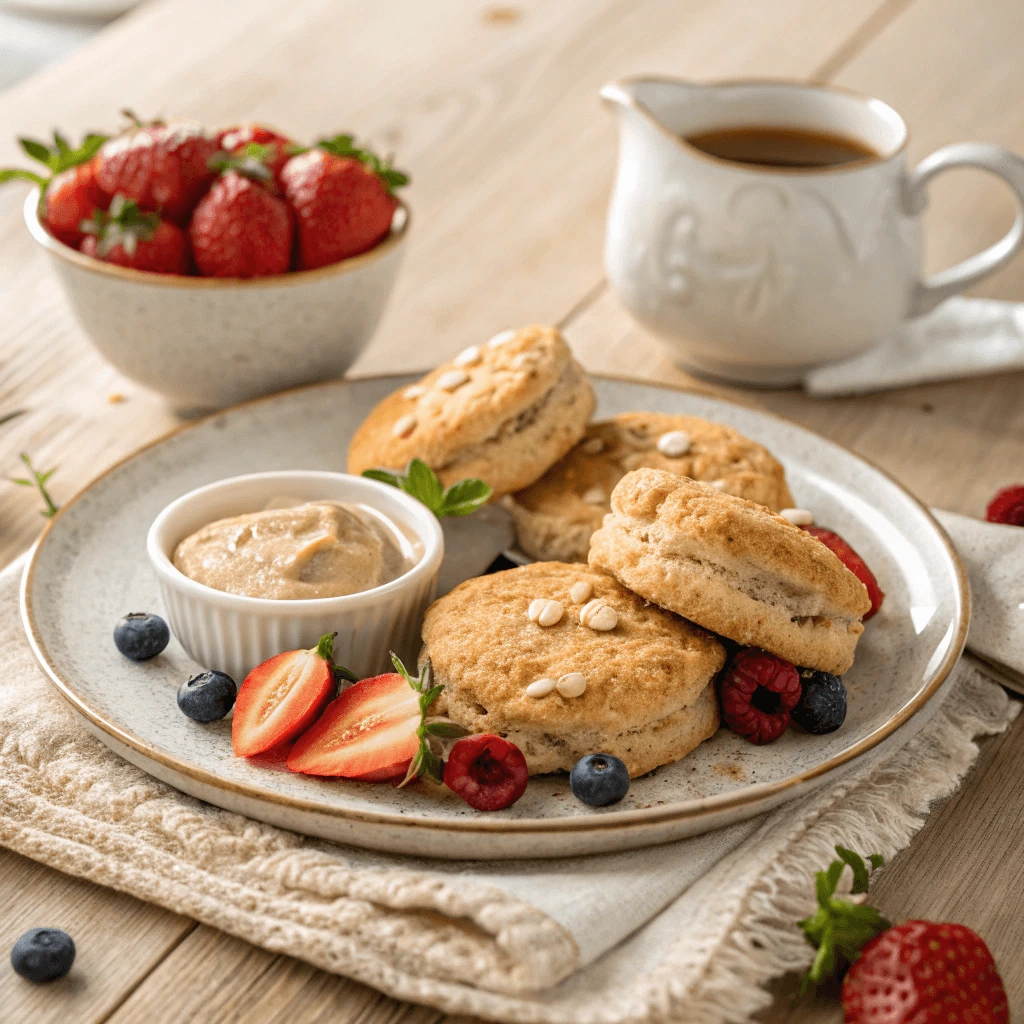 A plate of vegan scones served with almond butter and fresh fruit.