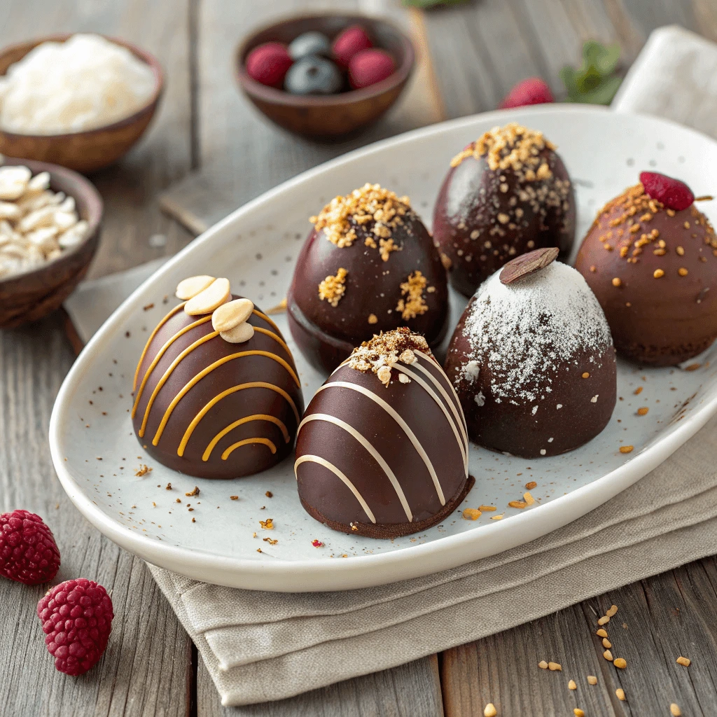 A plate of homemade chocolate eggs with various toppings.