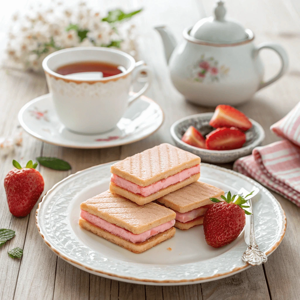 A plate of homemade strawberry wafers served with a cup of tea.