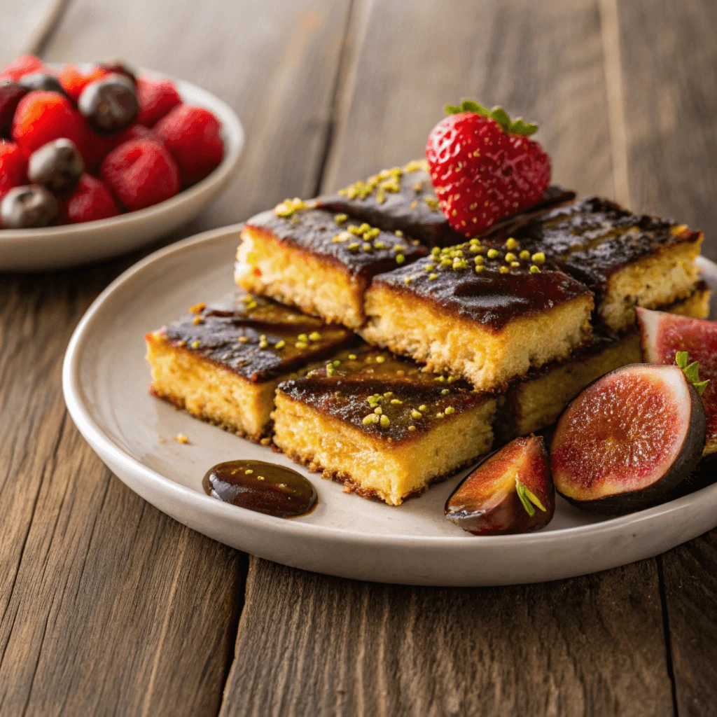 A plate of Knafeh Chocolate Bars served with fresh fruit