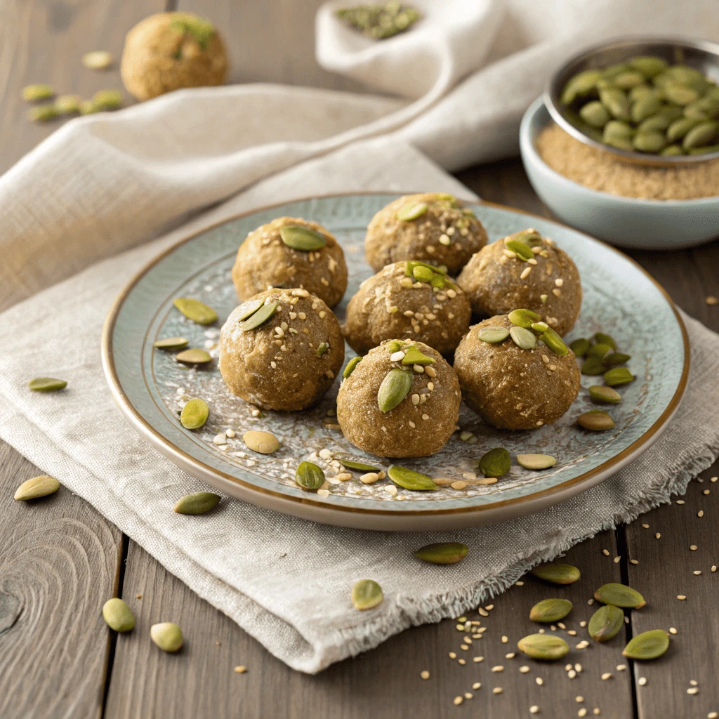 A plate with homemade raw pumpkin seed energy balls, garnished with seeds.