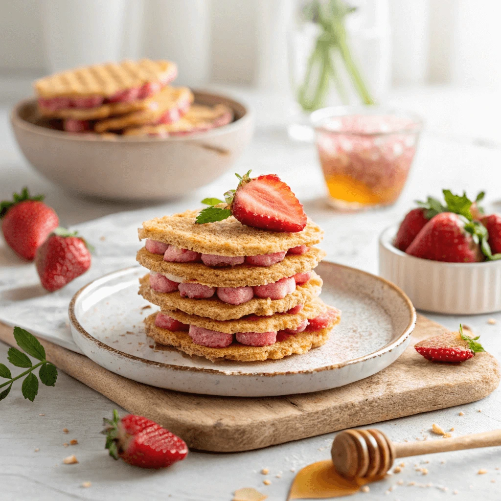 Strawberry wafers and fruit on a plate with a healthy label.