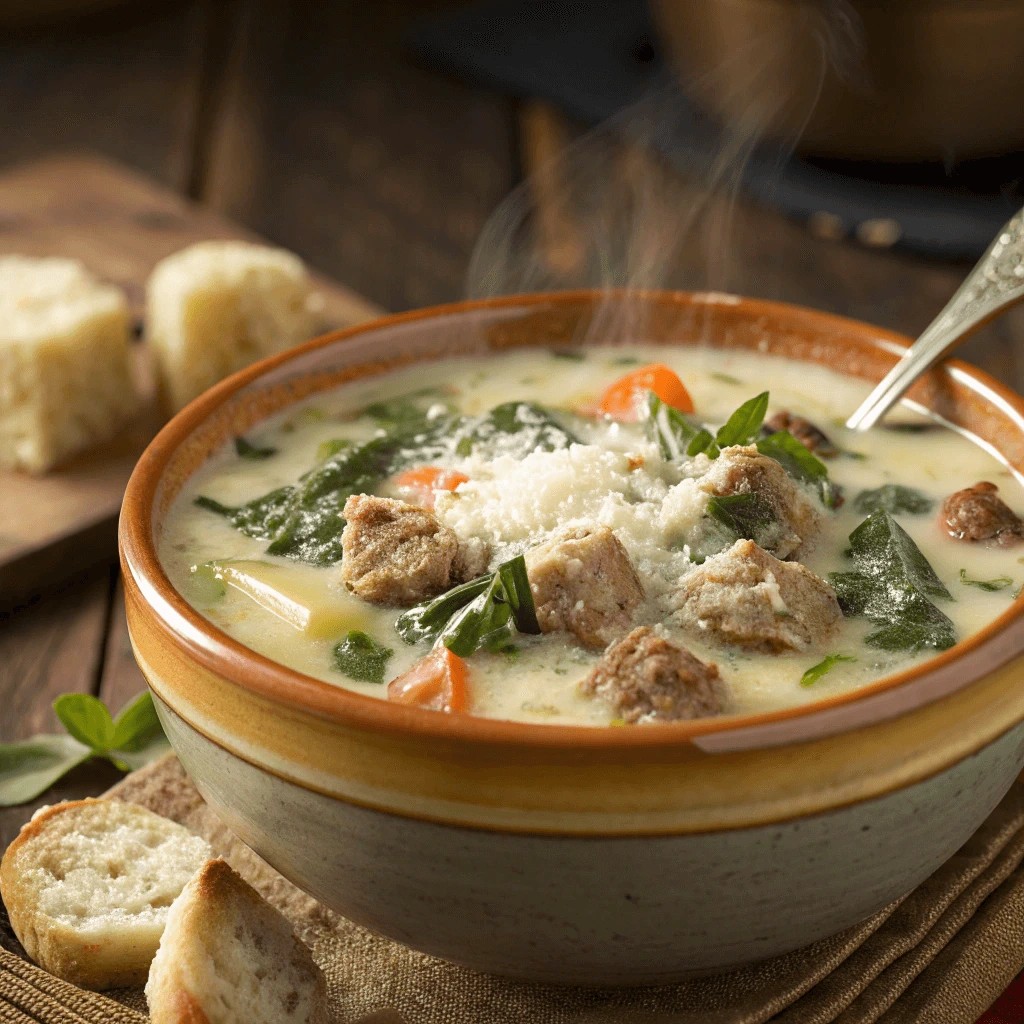 Creamy Italian sausage soup served in a rustic bowl with a sprinkle of fresh Parmesan