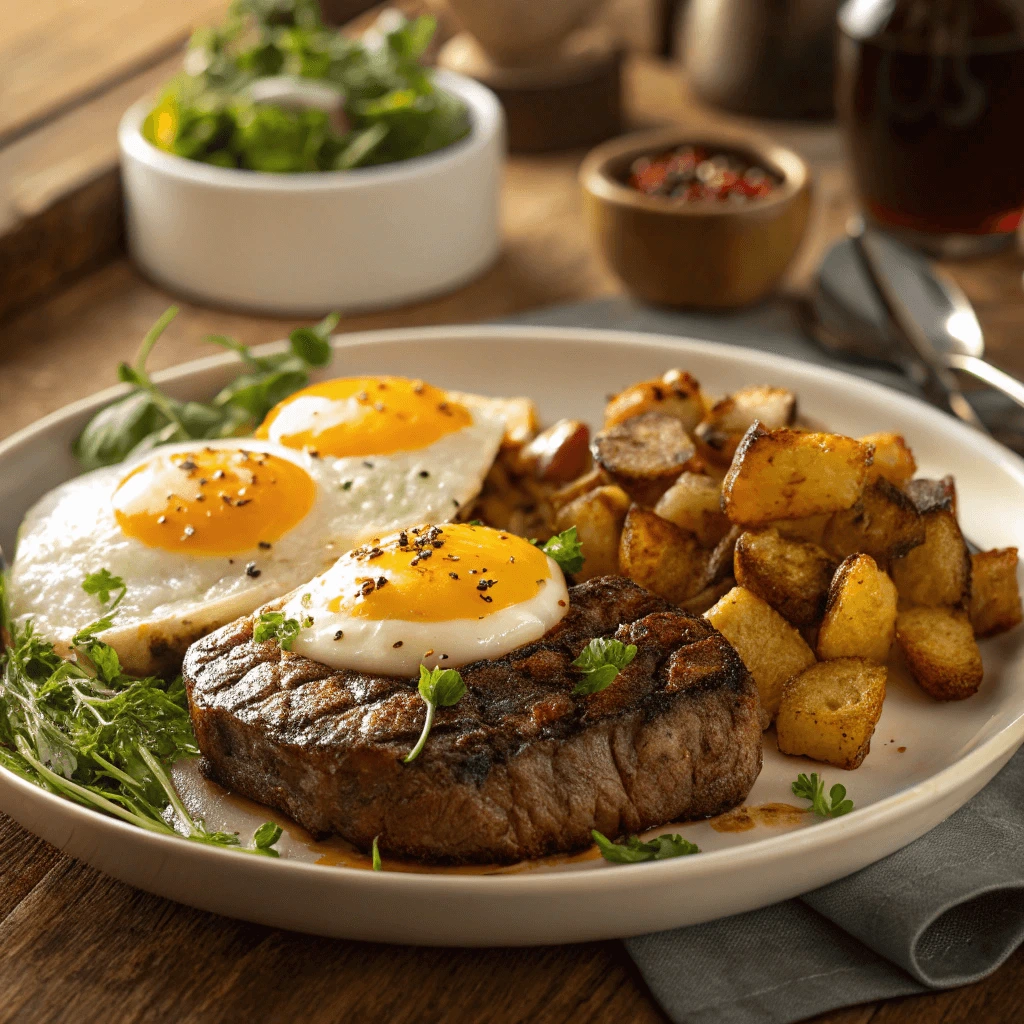 Perfectly cooked steak and eggs with crispy hash browns.