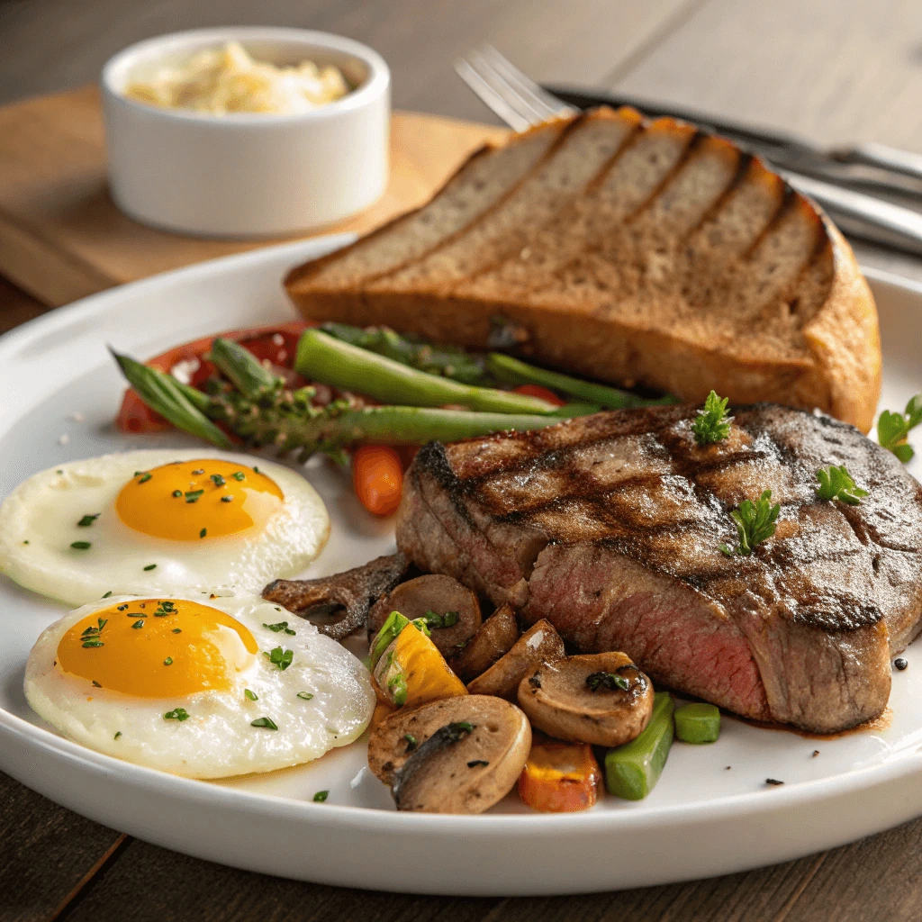 Steak and eggs with sautéed vegetables and toast