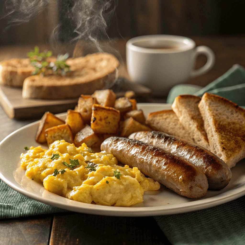 Close-up of crispy breakfast sausage links served with eggs