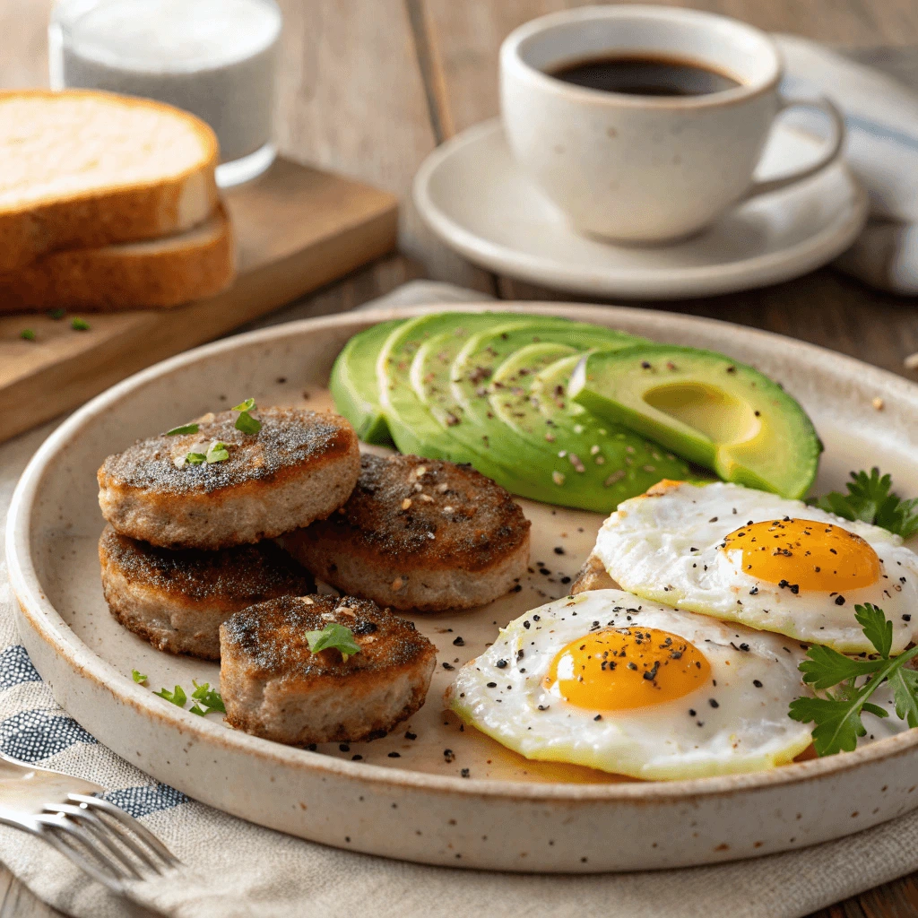 Turkey sausage patties served with eggs, avocado, and toast.