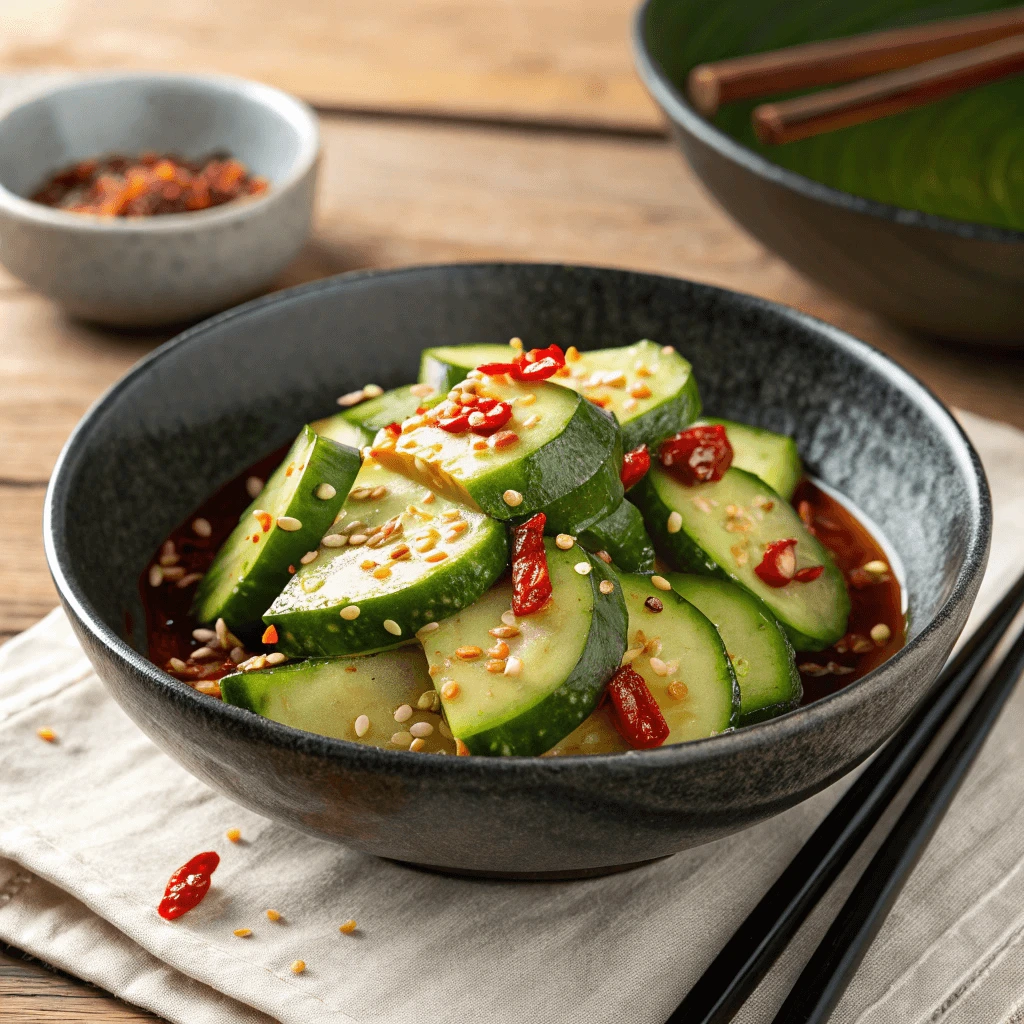 Close-up of Spicy Din Tai Fung Cucumber Salad garnished with fresh cilantro.