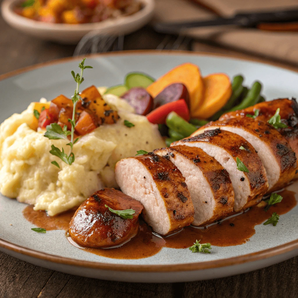 Grilled Chicken Andouille Sausage on a plate with sides