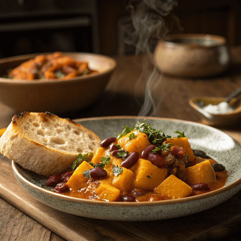 A plate of hearty squash and kidney beans, served with a side of crusty bread,