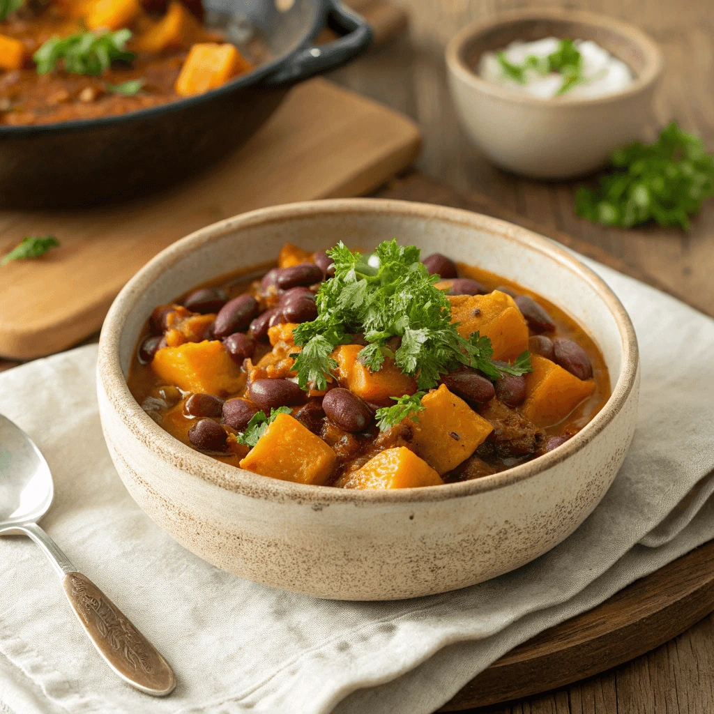 Serving of squash and kidney beans with a sprinkle of fresh parsley on top.