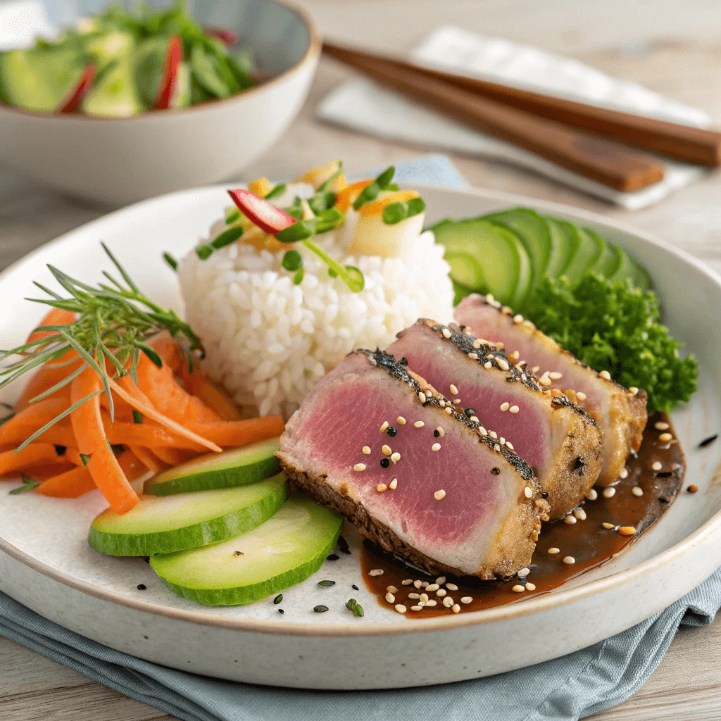 Plated seared ahi tuna with a side of steamed vegetables and rice.