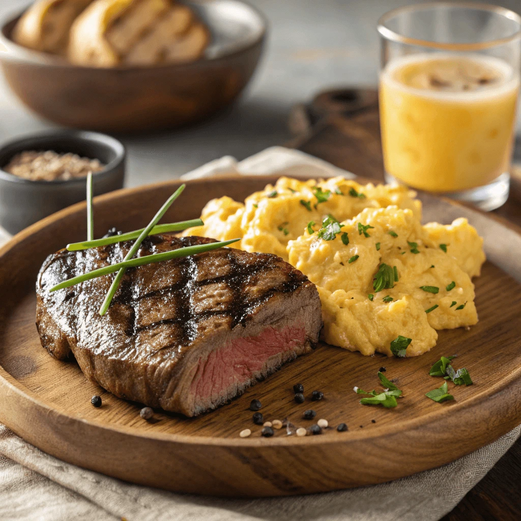 Grilled steak paired with perfectly cooked scrambled eggs