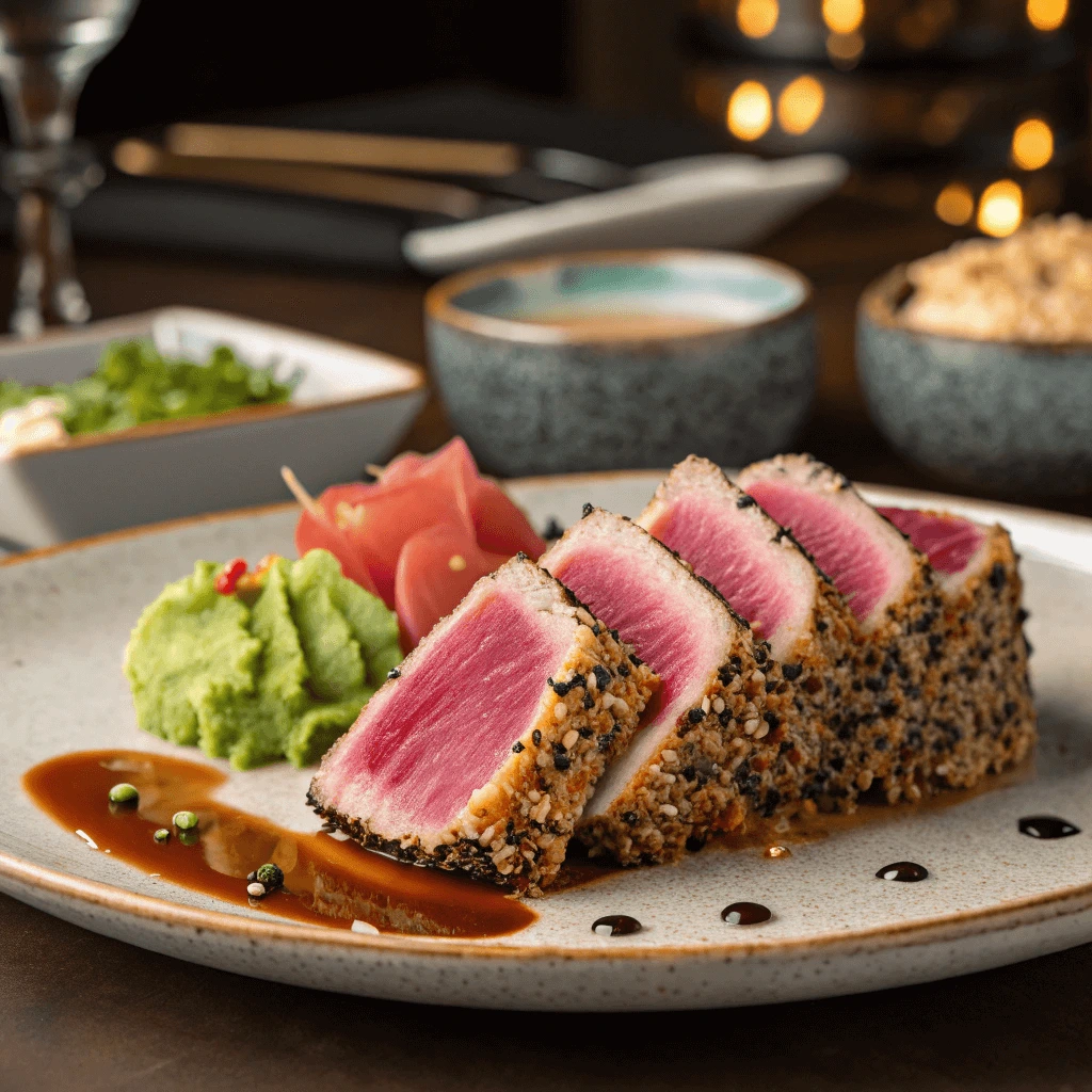 Close-up of perfectly seared ahi tuna with a golden crust and pink center