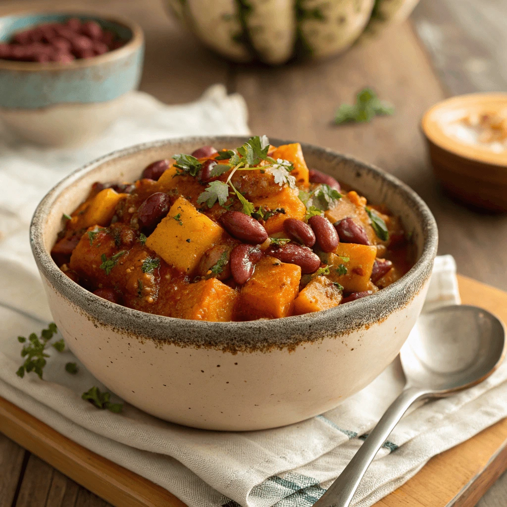 A spoonful of squash and kidney beans being served from a pot